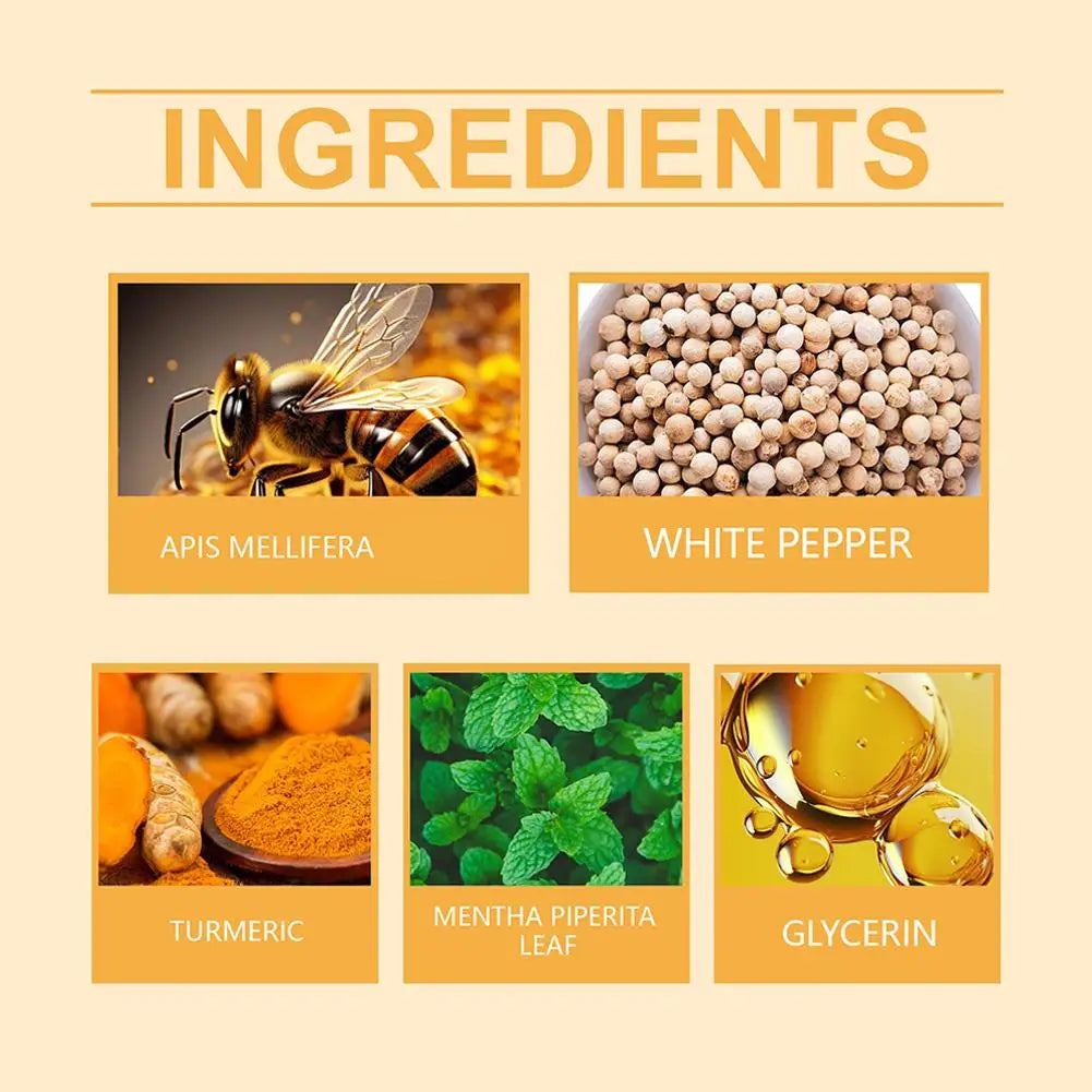 List of ingredients including a bee, white pepper, turmeric, peppermint leaf, and glycerin on a beige background.