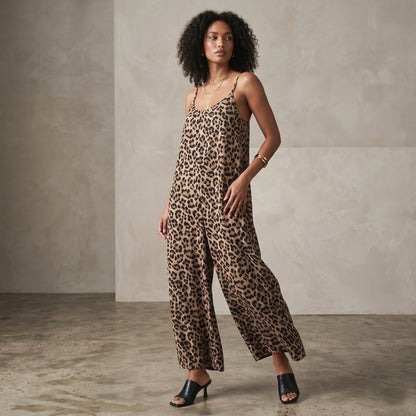 Woman wearing a leopard print jumpsuit against a neutral background fall winter 2026 fashion week