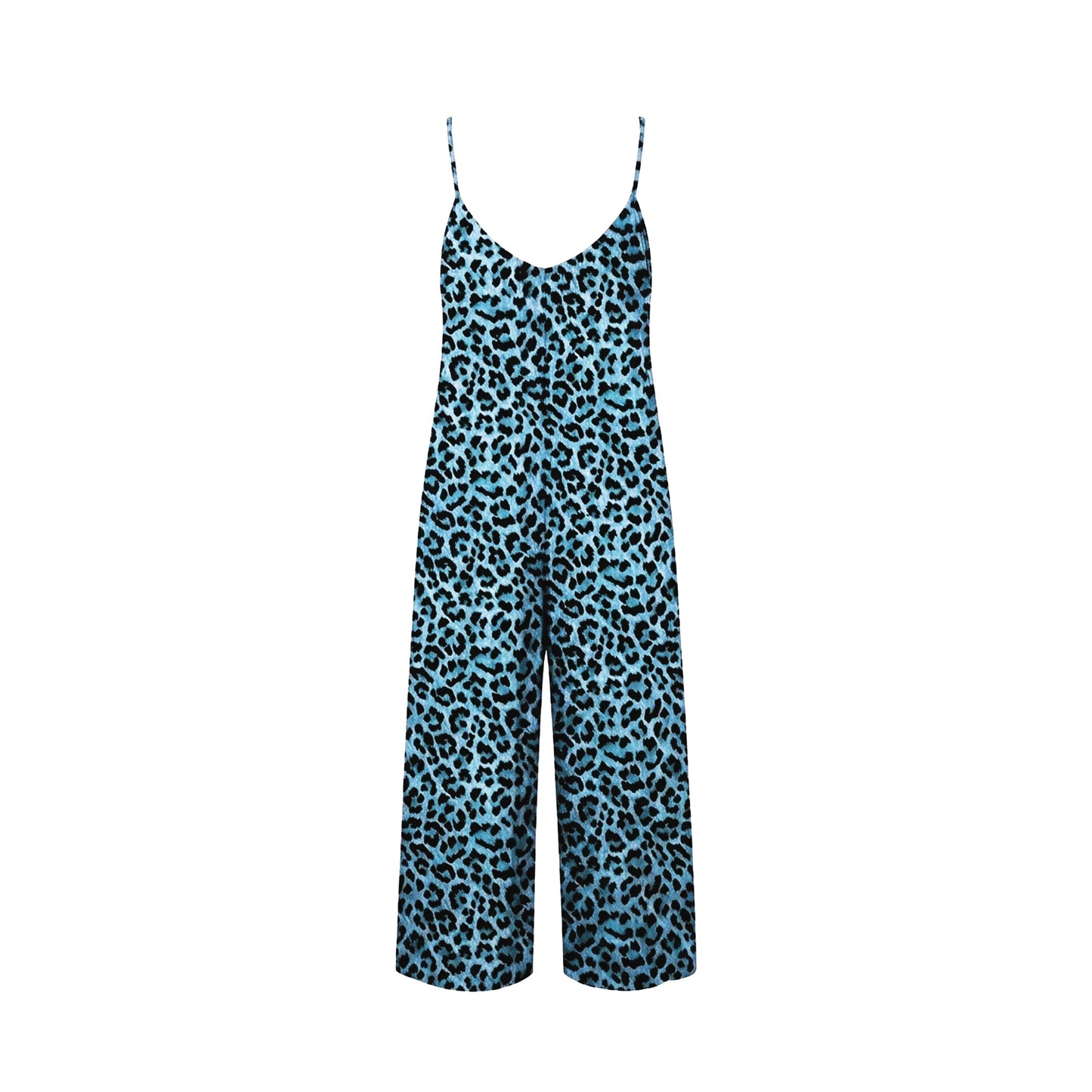 Blue leopard print jumpsuit on a white background