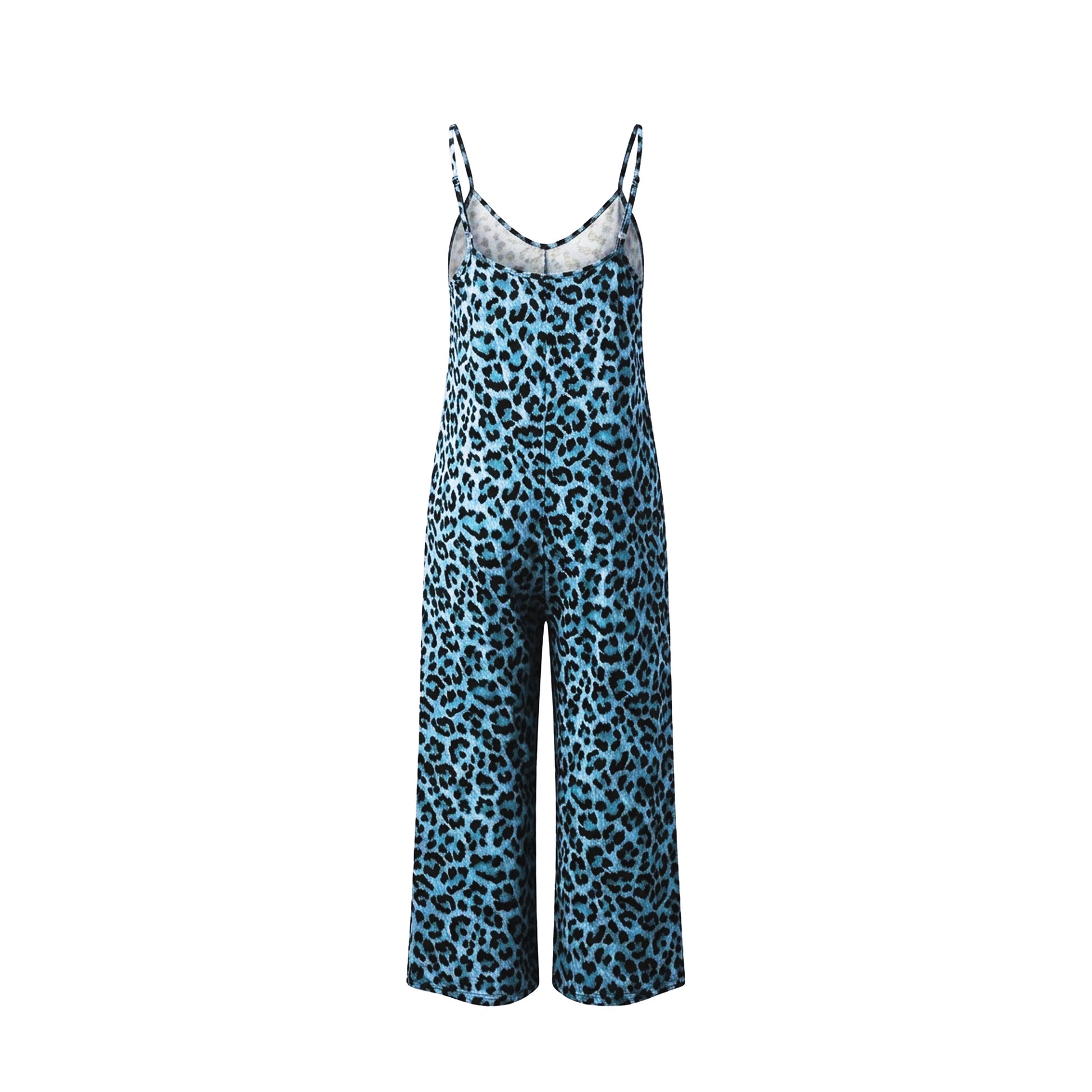 Blue leopard print jumpsuit on a white background