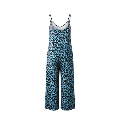 Blue leopard print jumpsuit on a white background