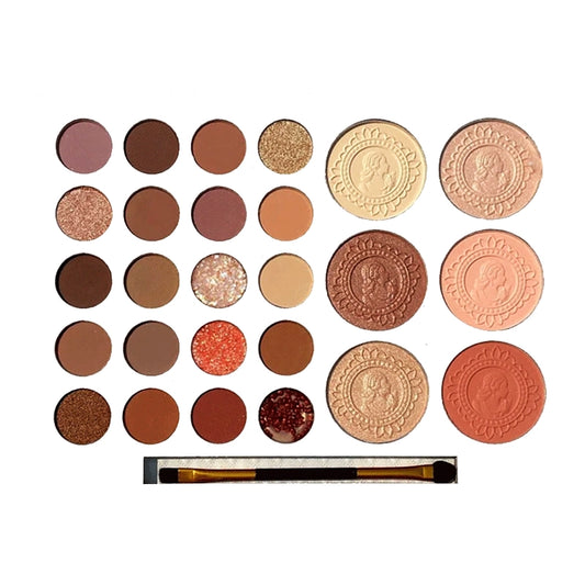 Makeup palette with various shades of eyeshadows and a brush on a white background Autumn Shades Trendy Waterproof